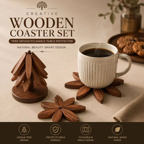 Creative Wooden Coaster Set – Tree Design Foldable Table Protector