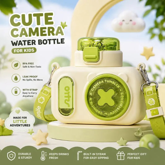 Cute Camera Water Bottle for Kids with Straw & Strap