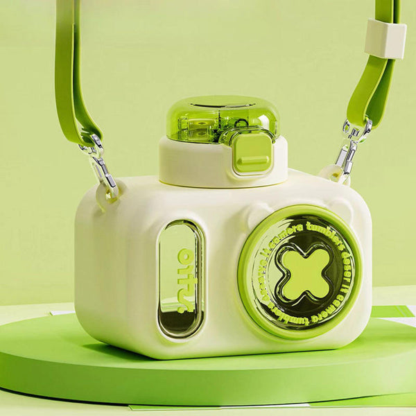 Cute Camera Water Bottle for Kids with Straw & Strap