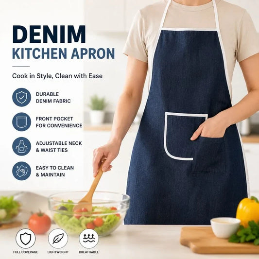 Denim Kitchen Apron – Durable Jeans Fabric Cooking Apron with Front Pocket