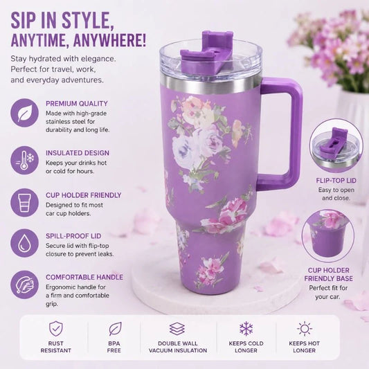 Floral Vacuum Insulated Travel Tumbler – 304 Stainless Steel Hot & Cold Mug