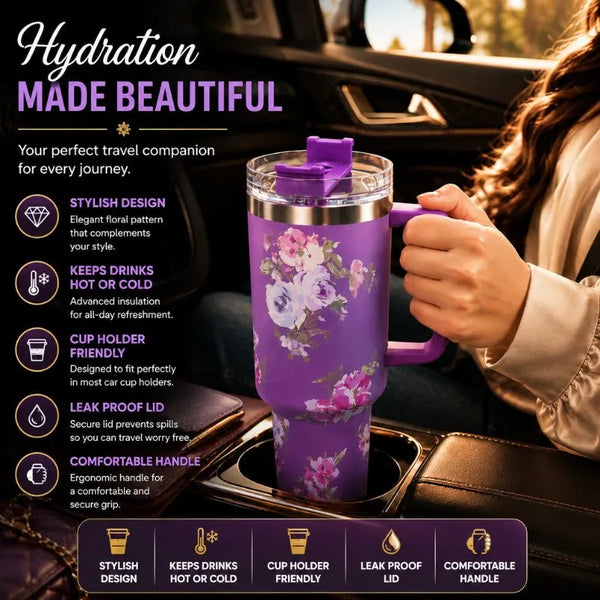 Floral Vacuum Insulated Travel Tumbler – 304 Stainless Steel Hot & Cold Mug