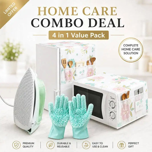 Home Care 4 in 1 Kitchen Protection Combo – Iron Cover, Fridge Cover, Oven Cover & Silicone Washing Gloves