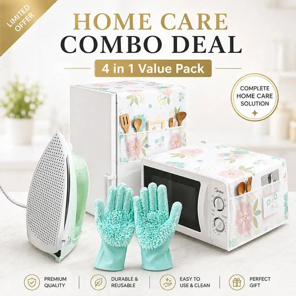 Home Care 4 in 1 Kitchen Protection Combo – Iron Cover, Fridge Cover, Oven Cover & Silicone Washing Gloves