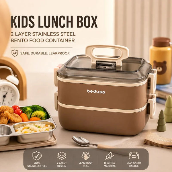 Kids Lunch Box 304 Stainless Steel 2 Layer Leakproof Bento Food Container with Handle
