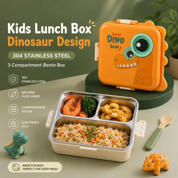 Kids Lunch Box 304 Stainless Steel 3 Compartment Bento Box Dinosaur Cartoon Design