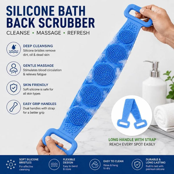 Long Handle Silicone Bath Brush with Strap – Back Scrubber & Body Massager