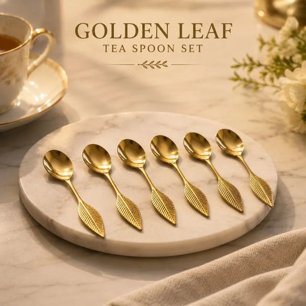 Luxury Golden Leaf Tea Spoon Set – 6 Pcs Premium Stainless Steel Coffee & Dessert Spoons