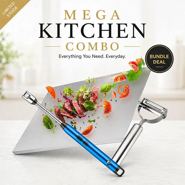 Mega Kitchen Combo – Stainless Steel Cutting Board, USB Electric Lighter & Peeler