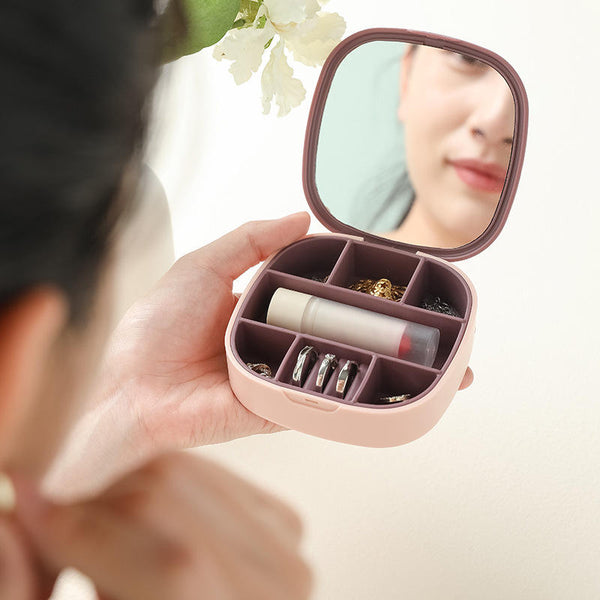 Mini Jewelry Storage Box with Mirror Portable Plastic Organizer Case