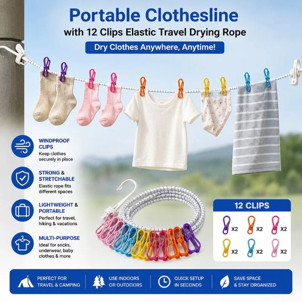 Portable Clothesline with 12 Clips Elastic Travel Drying Rope Windproof Laundry Line for Home Outdoor