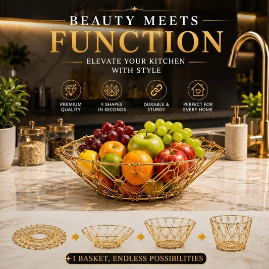 Premium Foldable Stainless Steel Fruit Basket – 9 Shape Transforming Multifunctional Storage Basket