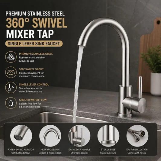 Premium Stainless Steel 360° Swivel Kitchen & Bathroom Mixer Tap – Single Lever Sink Faucet