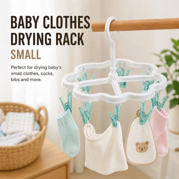 Small Baby Clothes Drying Rack with Rotatable Hook & Strong Clips – Portable Hanging Drying Hanger