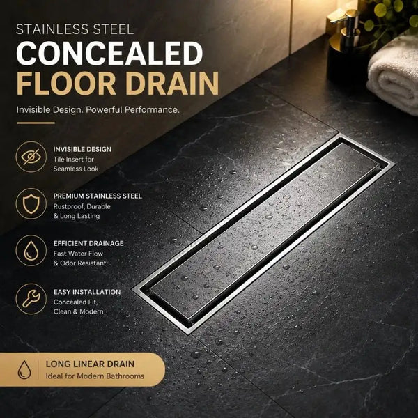 Stainless Steel Concealed Invisible Tile Insert Bathroom Trap Long Linear Floor Drain