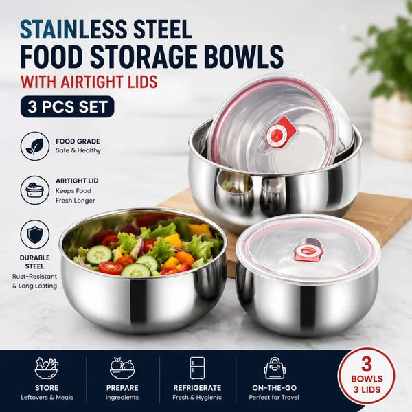 Stainless Steel Food Storage Bowls with Airtight Lids (3 PCS)