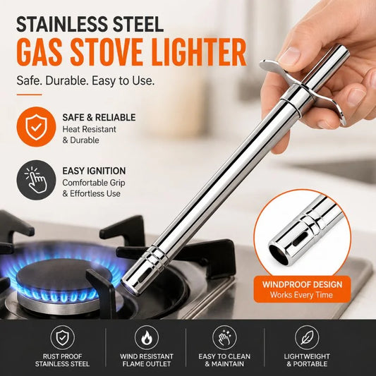 Stainless Steel Gas Stove Lighter - Piezo Spark Ignition, No Battery Needed