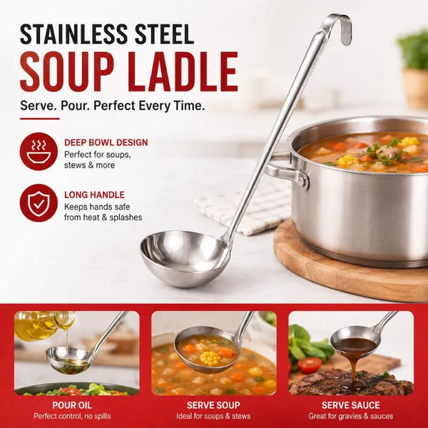 Stainless Steel Soup Ladle Long Handle Oil Pouring Spoon Kitchen Serving Spoon