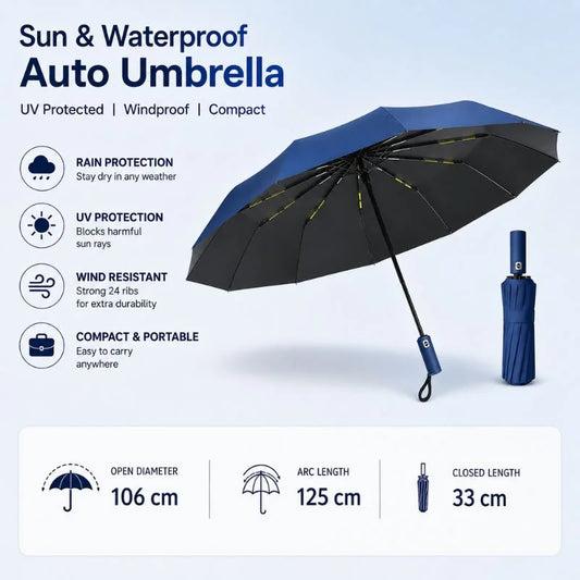 Sun & Waterproof Auto Umbrella – UV Protected Windproof Folding Umbrella