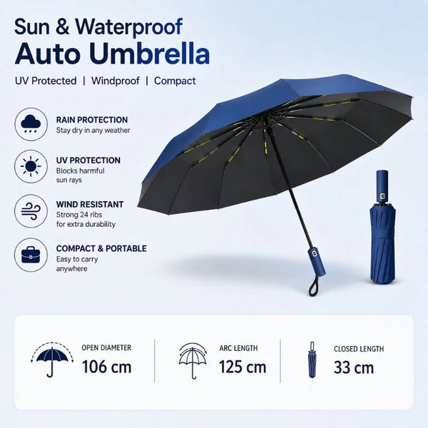 Sun & Waterproof Auto Umbrella – UV Protected Windproof Folding Umbrella