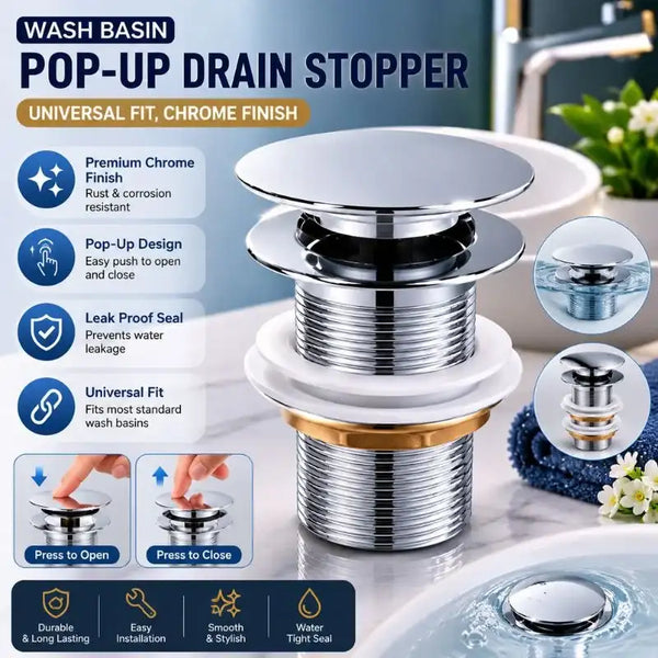 Wash Basin Pop-Up Drain Stopper – Universal Fit, Chrome Finish