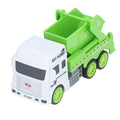 White and green toy garbage truck with heavy machinery label and recycling symbols