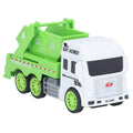 Green and white toy garbage truck with recycling symbol and 'Heavy Machinery' text