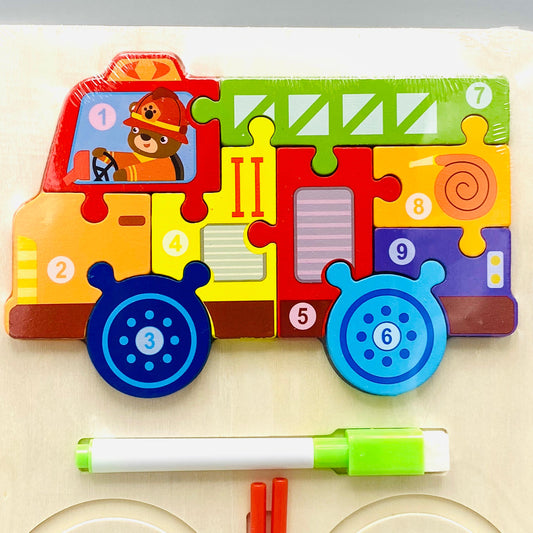 Wooden Mini Fire Truck Puzzle & White Board