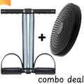 Combo deal of black chest expander with springs and black balance board with textured surface
