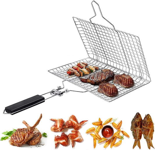 Double-sided grilling basket with grilled steak, mushrooms, vegetables, grilled lamb chops, chicken wings, potato wedges with ketchup, and whole grilled fish
