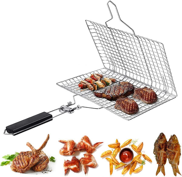 Double-sided grilling basket with grilled steak, mushrooms, vegetables, grilled lamb chops, chicken wings, potato wedges with ketchup, and whole grilled fish