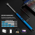 USB rechargeable blue inspection camera connected to laptop with power display chart and charging options