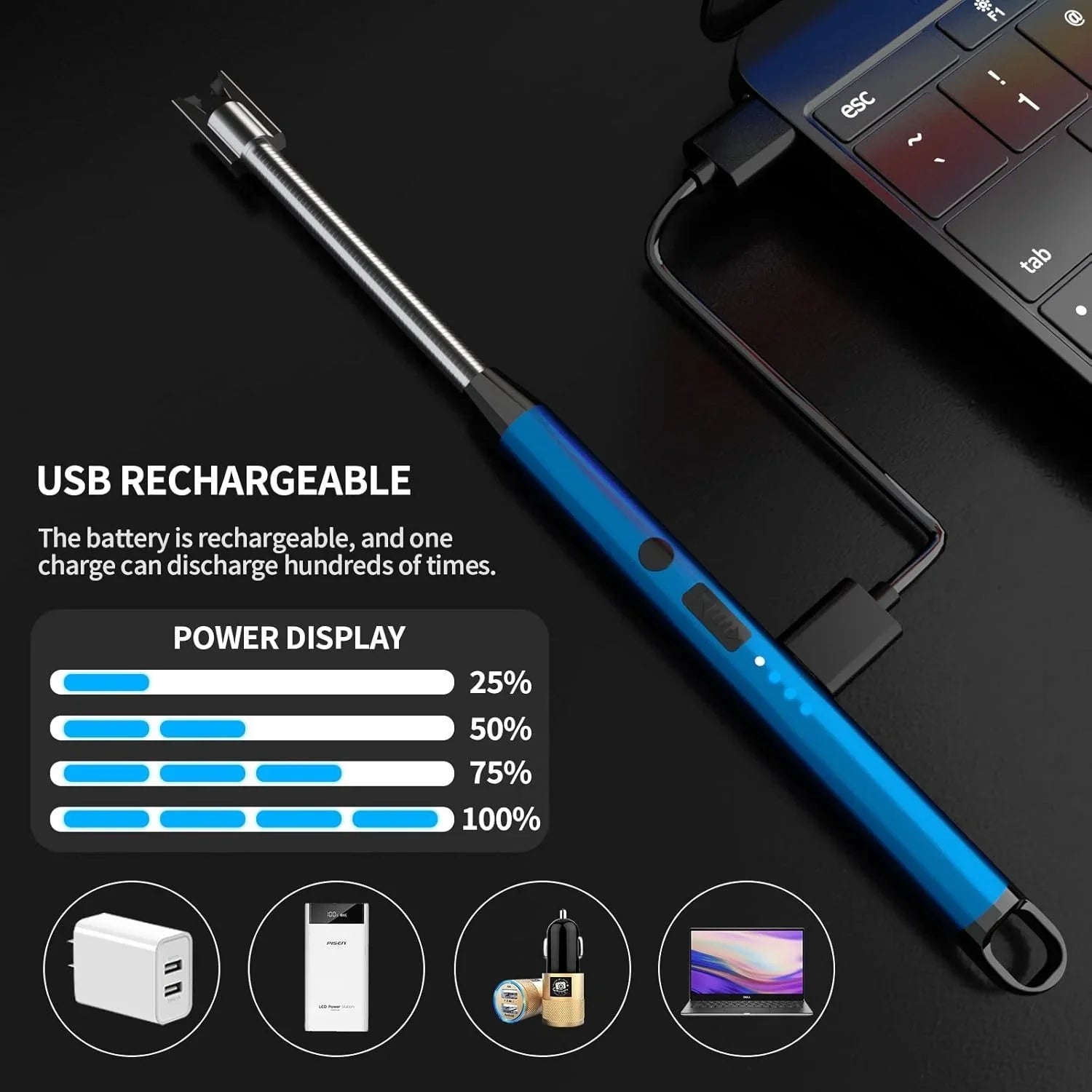 USB rechargeable blue inspection camera connected to laptop with power display chart and charging options