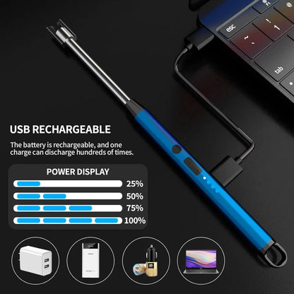 USB rechargeable blue inspection camera connected to laptop with power display chart and charging options
