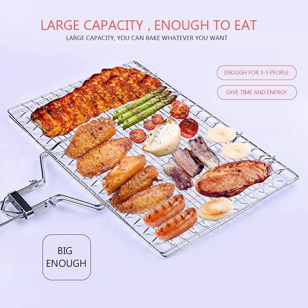 Large stainless steel grilling rack with assorted grilled meats, sausages, vegetables for 3-5 people